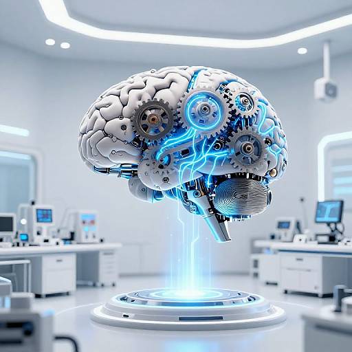 Digital art of a futuristic, cybernetic human brain with glowing blue circuits and gears, hovering above a white, high-tech laboratory.