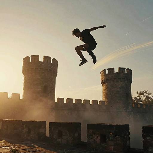 Silhouetted male jumper in mid-air against sunlit, dusty medieval castle with two cylindrical towers in the background. Photograph.