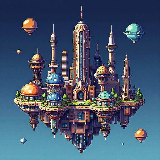Retro Sci-Fi Floating City Pixel Art