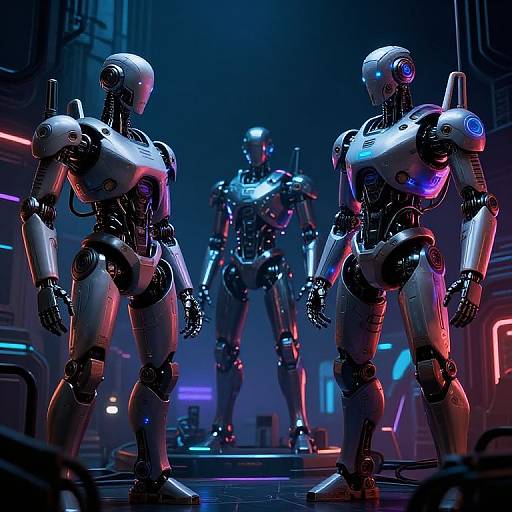 Photorealistic CGI of three futuristic, glowing, metallic robots in a neon-lit, cyberpunk alley with vibrant blue, pink, and purple lights
