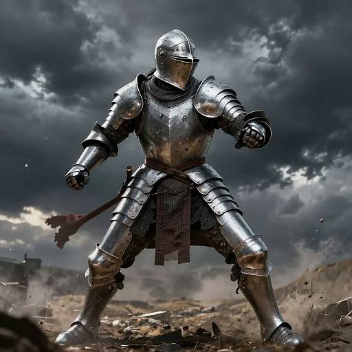 Photorealistic digital artwork of a silver-armored knight with a helmet, standing in a stormy battlefield, fists clenched, dark clouds overhead.
