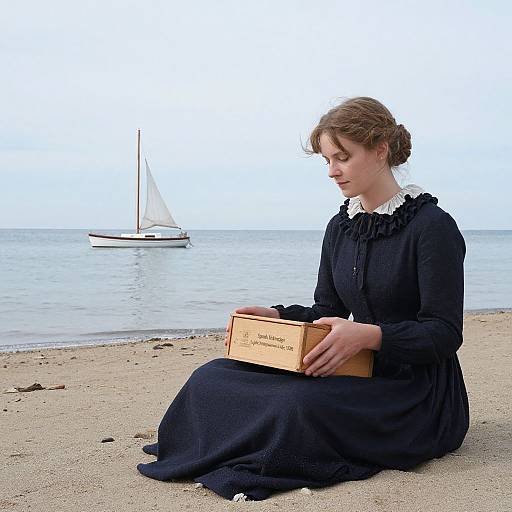 Photograph: Victorian-era woman in black dress with white lace collar, sitting on sandy beach, reading book, white sailboat in calm sea background.