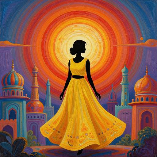 Silhouetted woman in yellow dress with floral embroidery, standing against vibrant, orange sun and colorful domed buildings in digital art style.