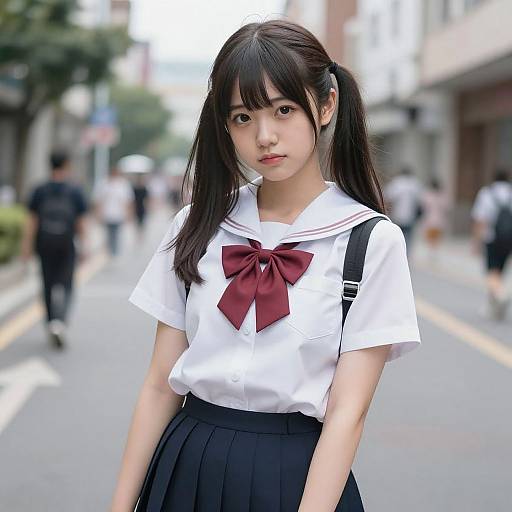 Photograph of an Asian teenage girl with long black pigtails, wearing a white sailor uniform with a red bow, black skirt, and backpack,