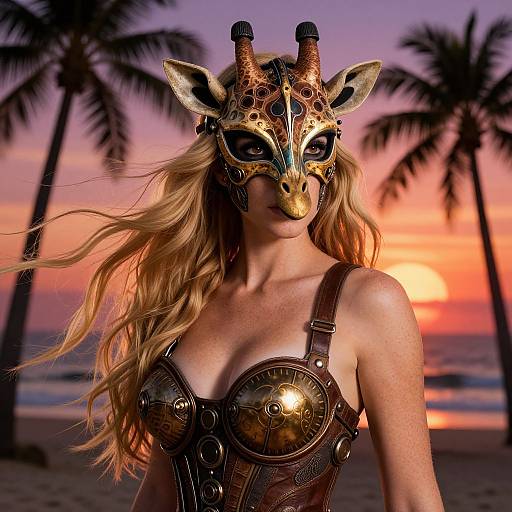 Digital art of a blonde woman with a golden giraffe mask, wearing ornate metallic armor, on a sunset beach with palm trees.