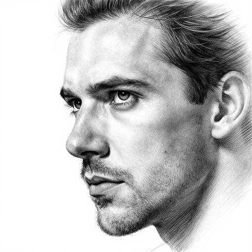 Detailed black-and-white digital drawing of a serious male profile with short, swept-back hair, visible stubble, and intense eyes against a white background.