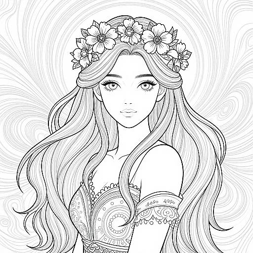 Black-and-white line drawing of a beautiful woman with long, wavy hair, wearing a flower crown and intricate off-shoulder dress, with a