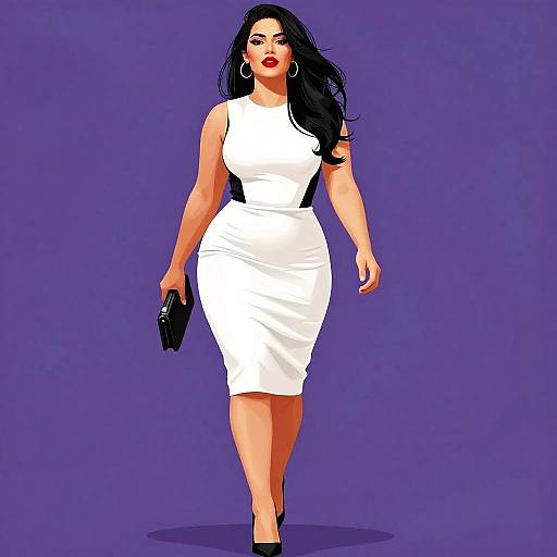 Digital illustration of a curvy woman with long black hair, wearing a tight white dress, holding a black clutch, against a purple background.