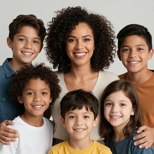 Photograph of a smiling Black mother with curly hair surrounded by six happy, smiling children of various ages and ethnicities.