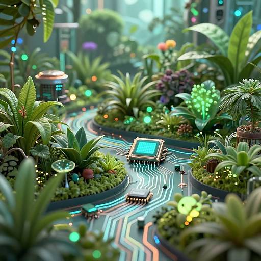 Digital CGI artwork of a futuristic, neon-lit indoor garden with glowing plants, colorful lights, and a winding, illuminated pathway.