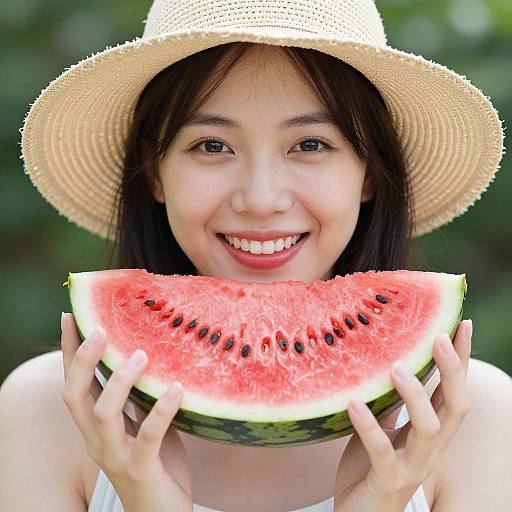 Asian woman with black hair, smiling, wearing a straw hat, holding a slice of watermelon, bright green blurred background.