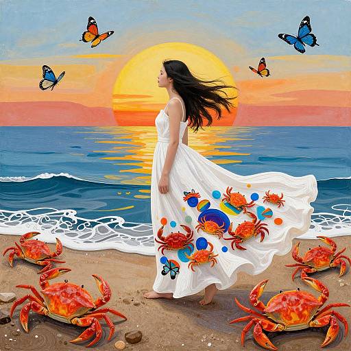 Digital painting of a woman in a white, flower-patterned dress, with long black hair, standing on a beach at sunset, surrounded by crabs