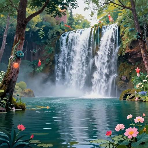 Digital painting of a serene, lush forest waterfall with cascading white water, vibrant pink and red flowers, and colorful birds.