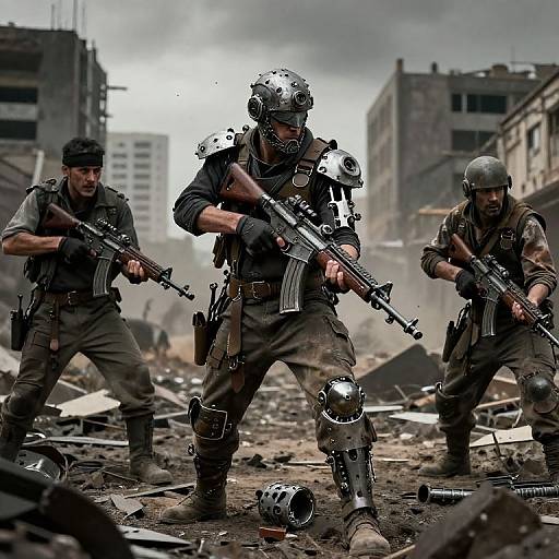 Photograph of three heavily armed soldiers in combat gear, crouching amidst rubble in a war-torn urban landscape under a cloudy sky.