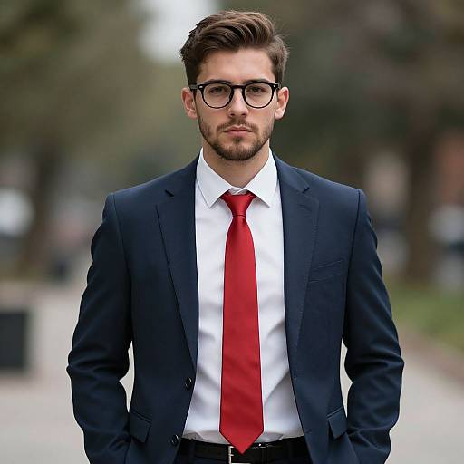 Photograph of a bearded man with dark hair, wearing black-rimmed glasses, a dark navy suit, white shirt, and red tie,