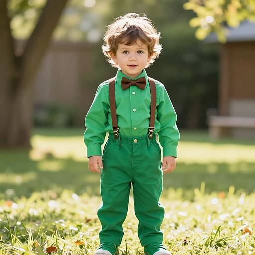 Curious Boy in Vibrant Green Outfit