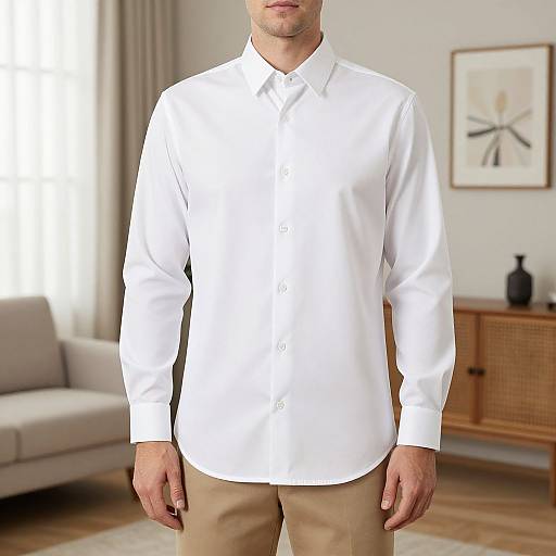 Photograph of a man in a white long-sleeve button-up shirt and beige pants, standing in a modern living room.