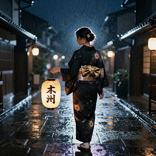 Photograph of a Japanese woman in a black kimono with gold sash, holding a glowing lantern, walking in a rainy, illuminated alley at night