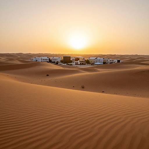 Photograph of a desert sunset with golden sunlight casting shadows on rippled sand dunes, and a cluster of white buildings in the distance.