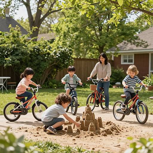 Photograph of five children building sandcastles in a sunny backyard; four ride bicycles around, adult supervises from a red bike.