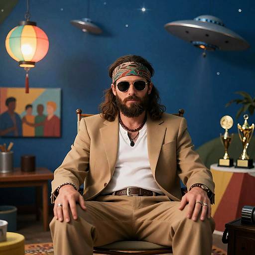 Relaxed Bearded Man in Colorful Tent