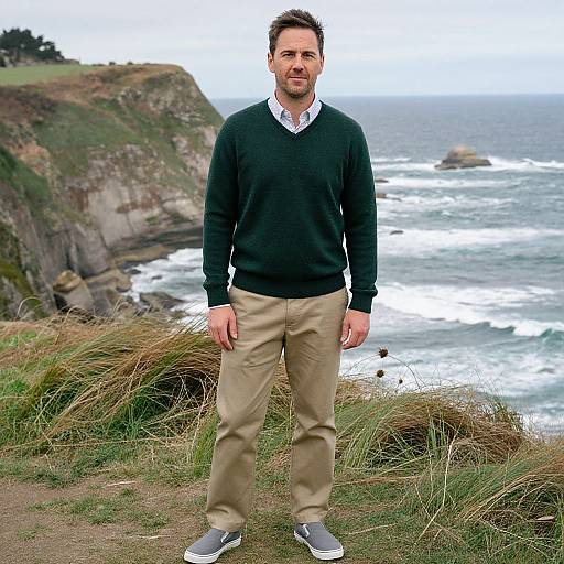 Photograph of a man with short brown hair, beard, wearing a dark green sweater, beige pants, and grey sneakers, standing on a grassy