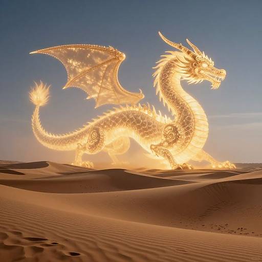 Photorealistic CGI of a glowing, fiery dragon with intricate scales and wings, standing in a desert with undulating sand dunes under a clear blue