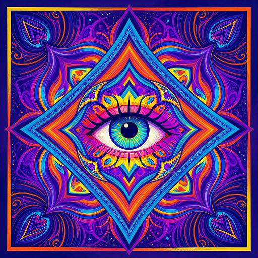 Vibrant digital artwork featuring a central, colorful eye surrounded by intricate, neon patterns within a diamond frame, set against a starry, purple background
