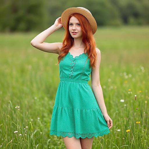 Photograph of a fair-skinned, red-haired woman in a turquoise lace dress, wearing a straw hat, standing in a vibrant green meadow.