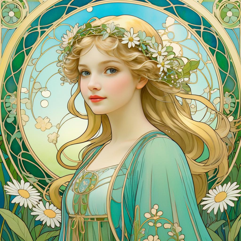 Serene Young Girl in Art Nouveau Garden