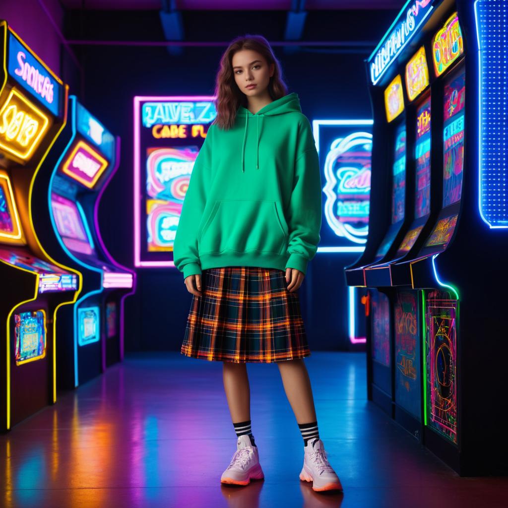 Teen Girl in Plaid Skirt and Hoodie