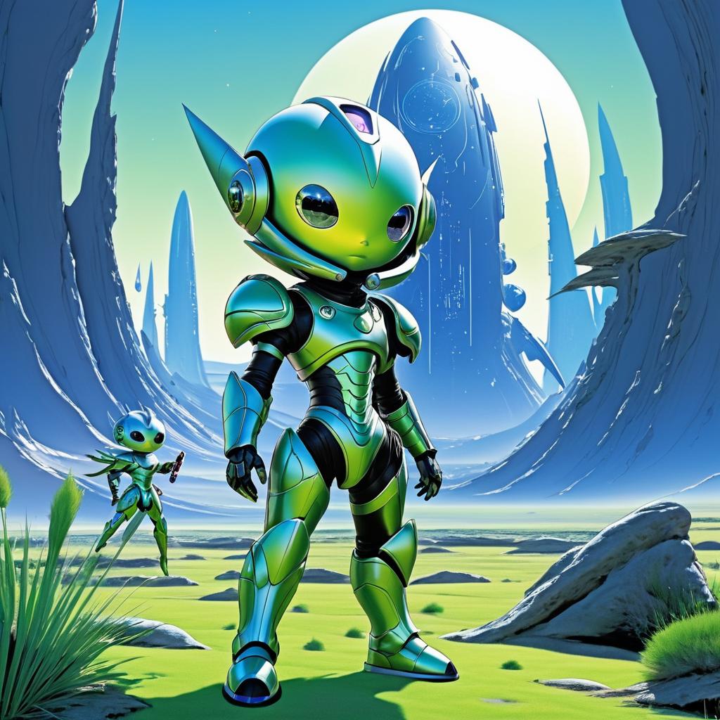 Curious Alien Explorer in Sci-Fi Landscape