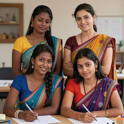 Photograph of four Indian women in colorful sarees, smiling, seated and standing in a classroom, writing with pens on a desk.