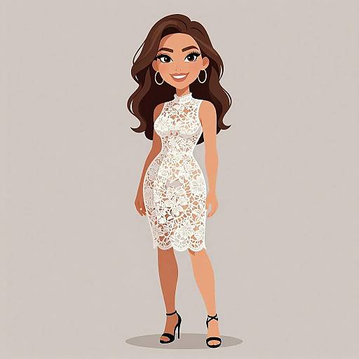 Digital illustration of a smiling woman with long brown hair, wearing a white lace sleeveless dress, hoop earrings, and black high heels.