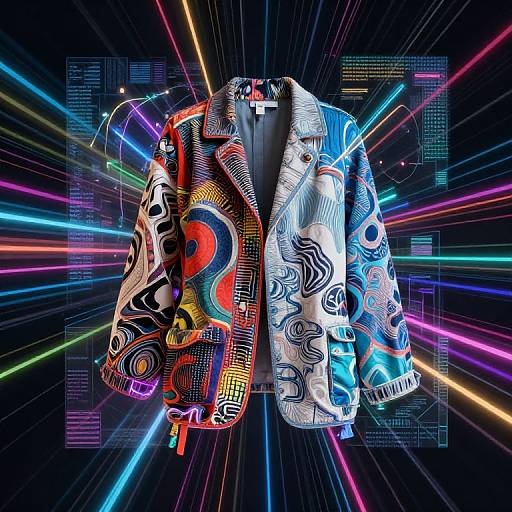 Vibrant digital artwork of a psychedelic, patterned jacket with bold colors and geometric designs, surrounded by neon lines and futuristic graphics.