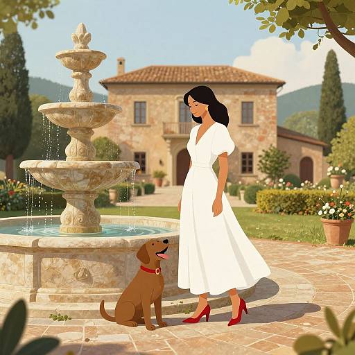 Digital illustration of a woman in a white dress and red heels walking beside a brown dog by a stone fountain, in front of a rustic stone house with