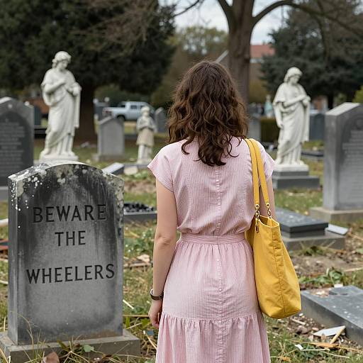 Enigmatic Woman in Striped Dress at Cemetery