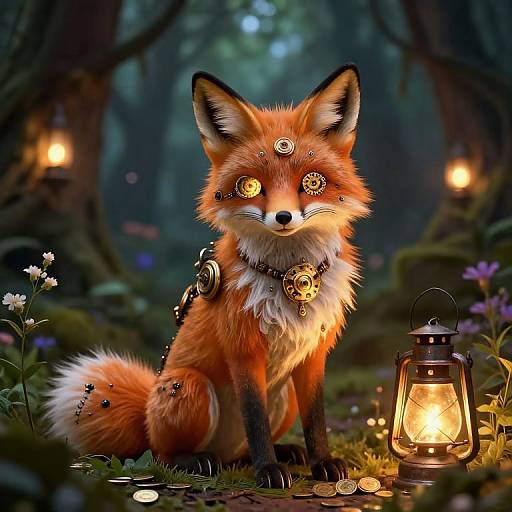 Digital art: A mystical, glowing-eyed, orange fox with steampunk accessories, sitting by a lantern in a magical forest, surrounded by coins and