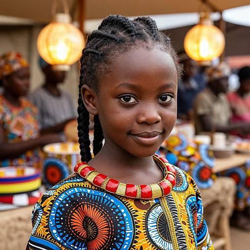 Photograph of a young African girl with braided hair, wearing a vibrant, beaded traditional dress with circular patterns, smiling softly, background blurred with