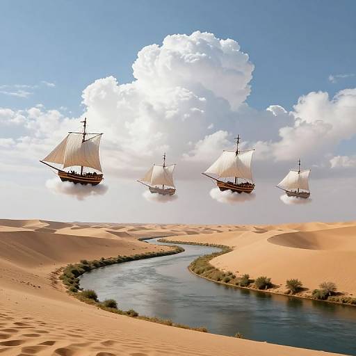 Photograph of three vintage sailing ships with white sails flying above a desert oasis with a winding river, under a bright blue sky with large white clouds.