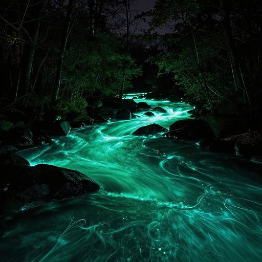 Bioluminescent River in Shadowy Forest