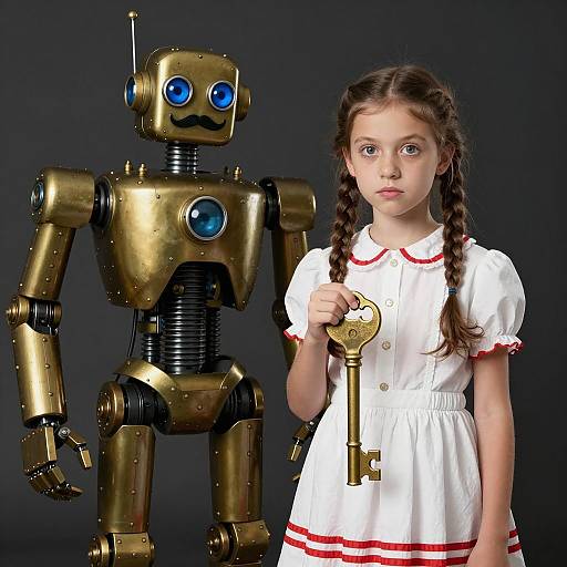 Curious Girl with Brass Robot Companion