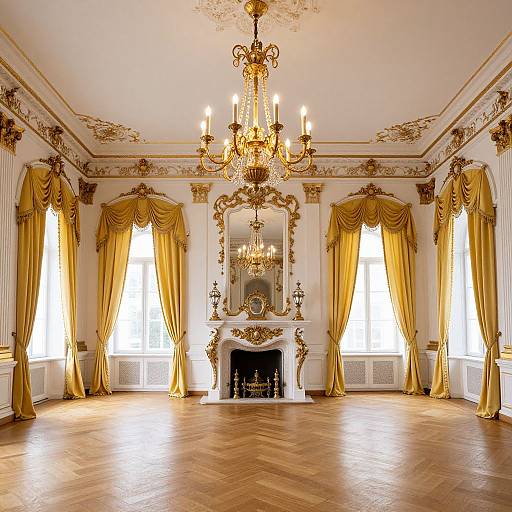 Luxurious room photograph: ornate gold chandelier, mirrored fireplace, gold-draped windows, intricate ceiling moldings, hardwood floor, white walls