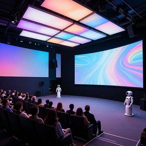 Photograph of a dark theater with colorful LED ceiling lights, two white robot figures on stage, and an audience seated in the foreground. Large, swirling