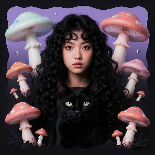 Psychedelic Girl with Black Cat and Neon Mushrooms