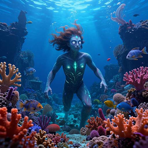 Photorealistic digital art: Glowing, blue-lit mermaid with dark skin and flowing hair swims through vibrant, colorful coral reef teeming with