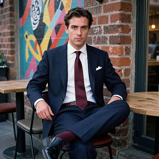 Photograph of a handsome, young man with dark hair, wearing a navy suit, white shirt, maroon tie, and black shoes, sitting outside