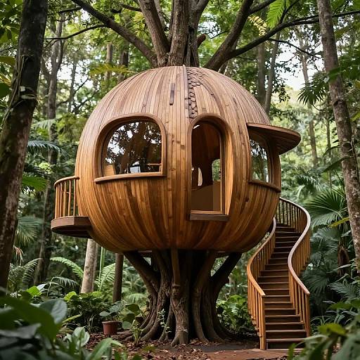 Photograph of a round, wooden treehouse with curved windows, wooden staircase, and natural forest setting, nestled among lush green trees.