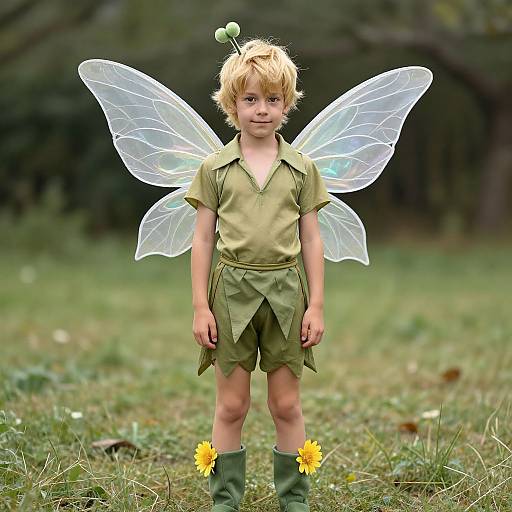 Photograph of a blonde toddler in a green fairy costume with transparent wings, antennae, green shorts, and boots, standing in a grassy me