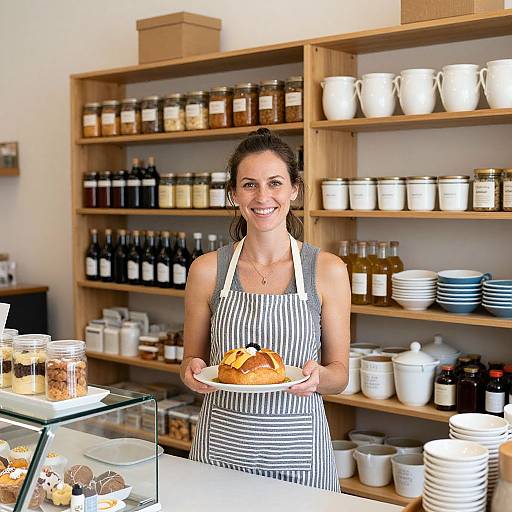 Photograph of a smiling woman with brown hair in a black-and-white striped apron, holding a pastry in a well-lit, wooden-shel